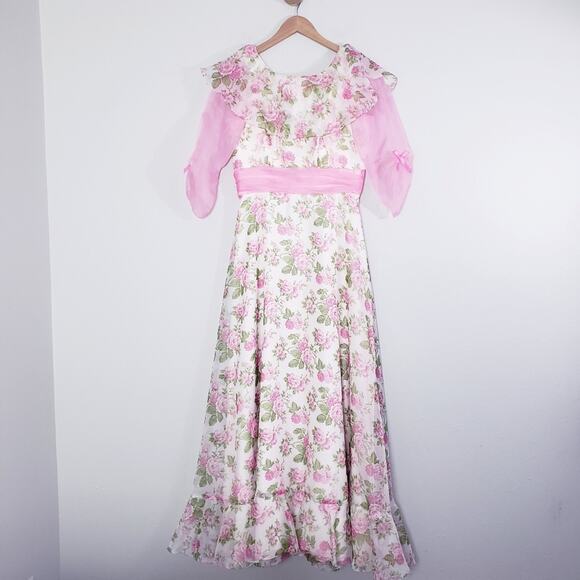 Vintage 70s Sylvia Ann Rose Floral Maxi Gown Regencycore Cottagecore Pink 14 - Picture 2 of 16